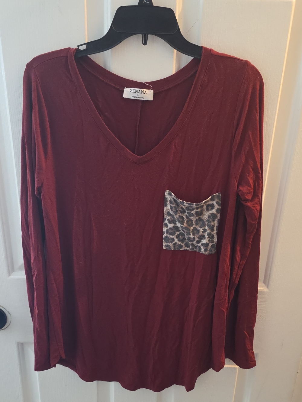 Zenana Outfitters Burgundy Long Sleeve V-Neck Top with Leopard Pocket